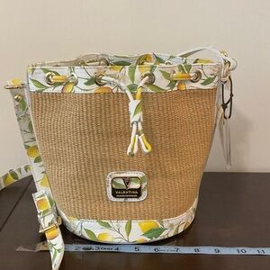 Valentina Lemons Rafia and Leather Bucket Bag